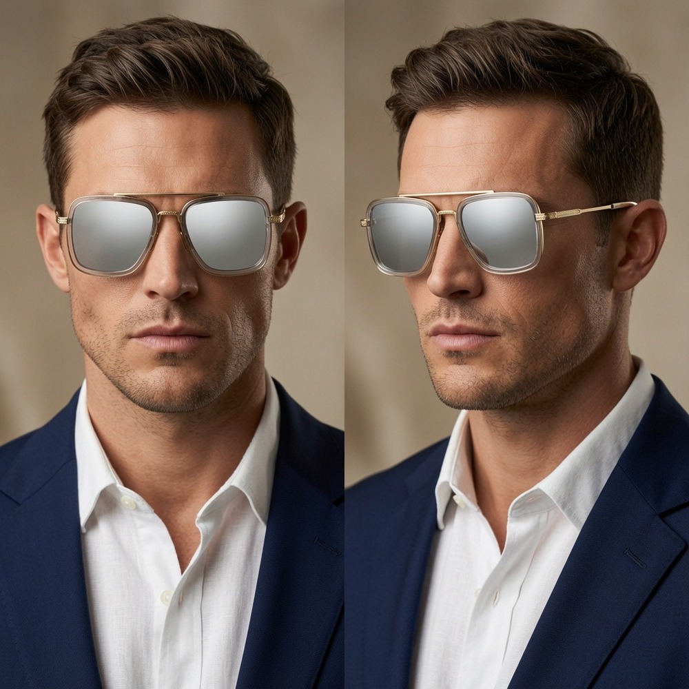 Mens Square Sunglasses Gold Clear Frame Silver Mirror Lens Fashion Design Classy